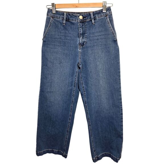 MUJI Women's XS 4 Way Stretch Wide Leg Medium Wash Blue Denim Jeans - Picture 2 of 16